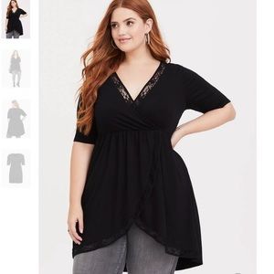 Torrid Black Surplice Tunic With Lace Trim